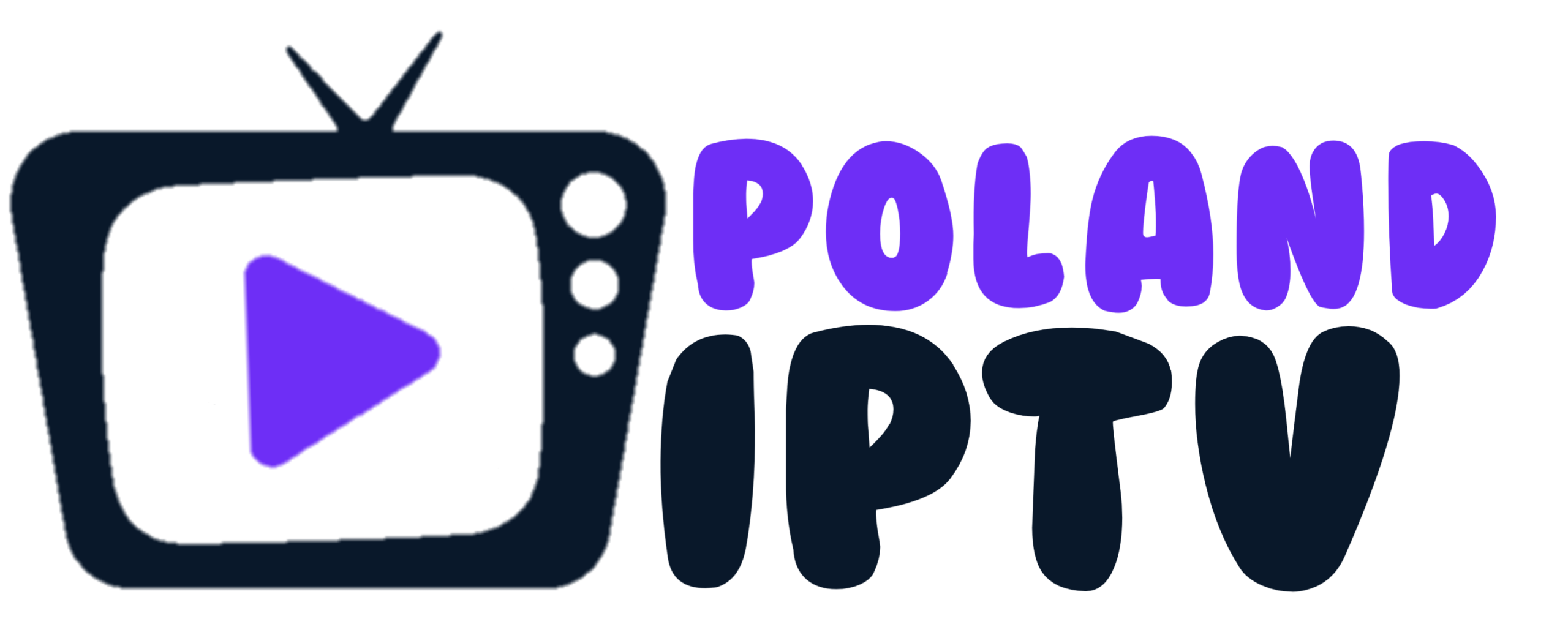 A purple TV icon with a play button appears next to the words Poland IPTV. Poland is in white, and IPTV is in bold purple letters, all on a light background.